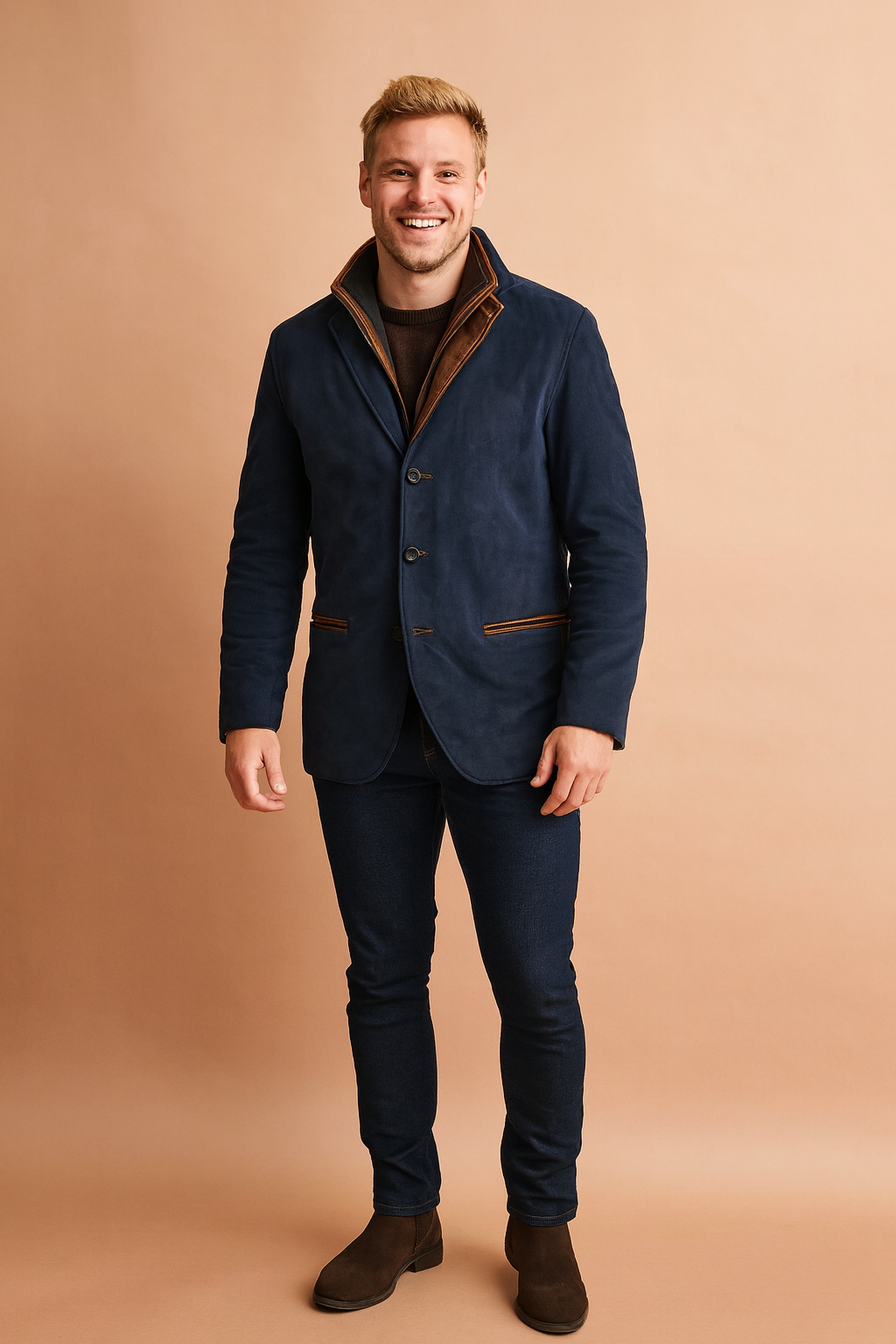 Navy blue blazer with brown trim details, button-down closure, tailored cut, paired with slim dark jeans and brown suede Chelsea boots.