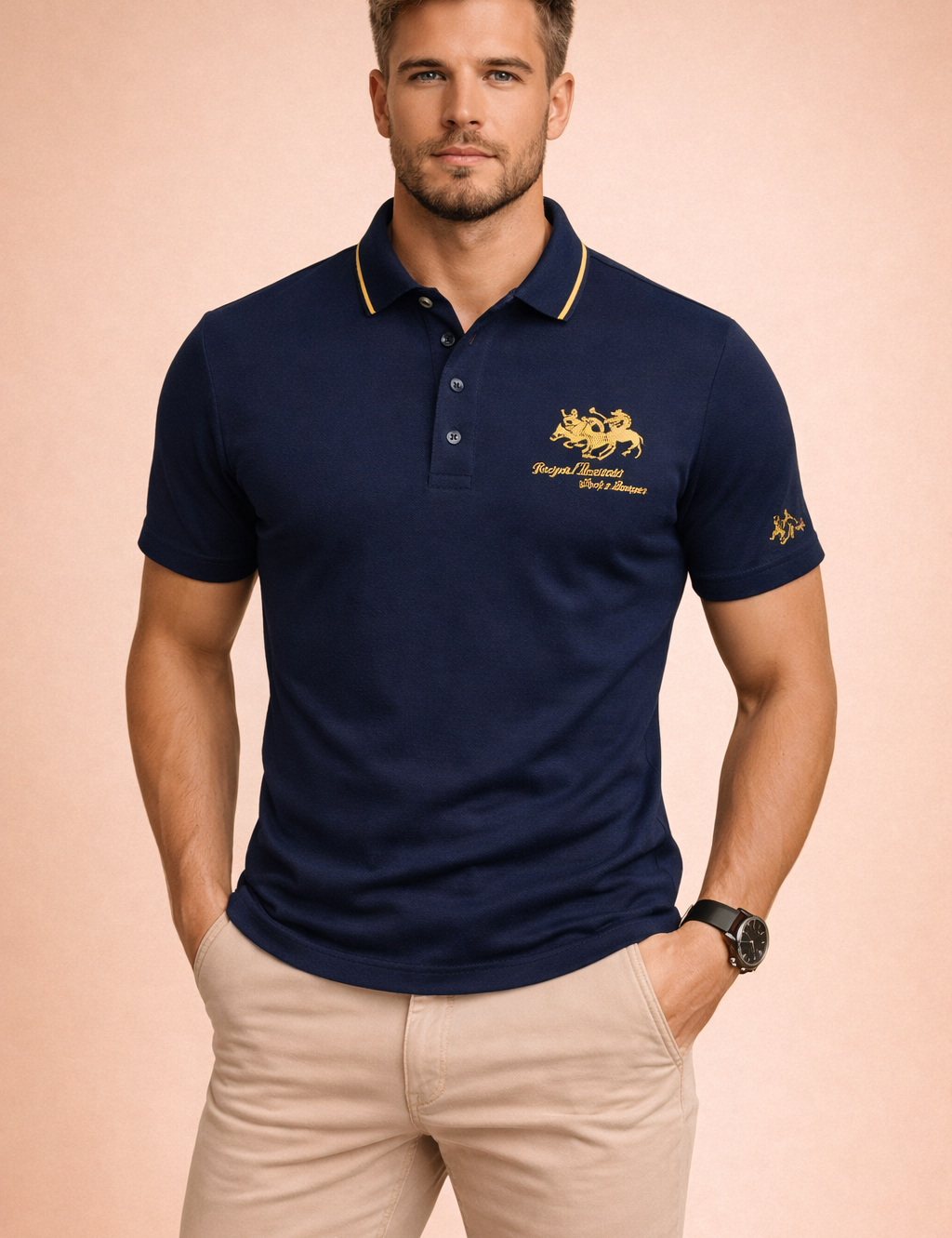 Navy blue short-sleeve polo shirt with tailored slim fit, smooth piqué fabric, three-button placket, contrast yellow piping on collar, embroidered crest detail on chest and sleeve, clean structured finish