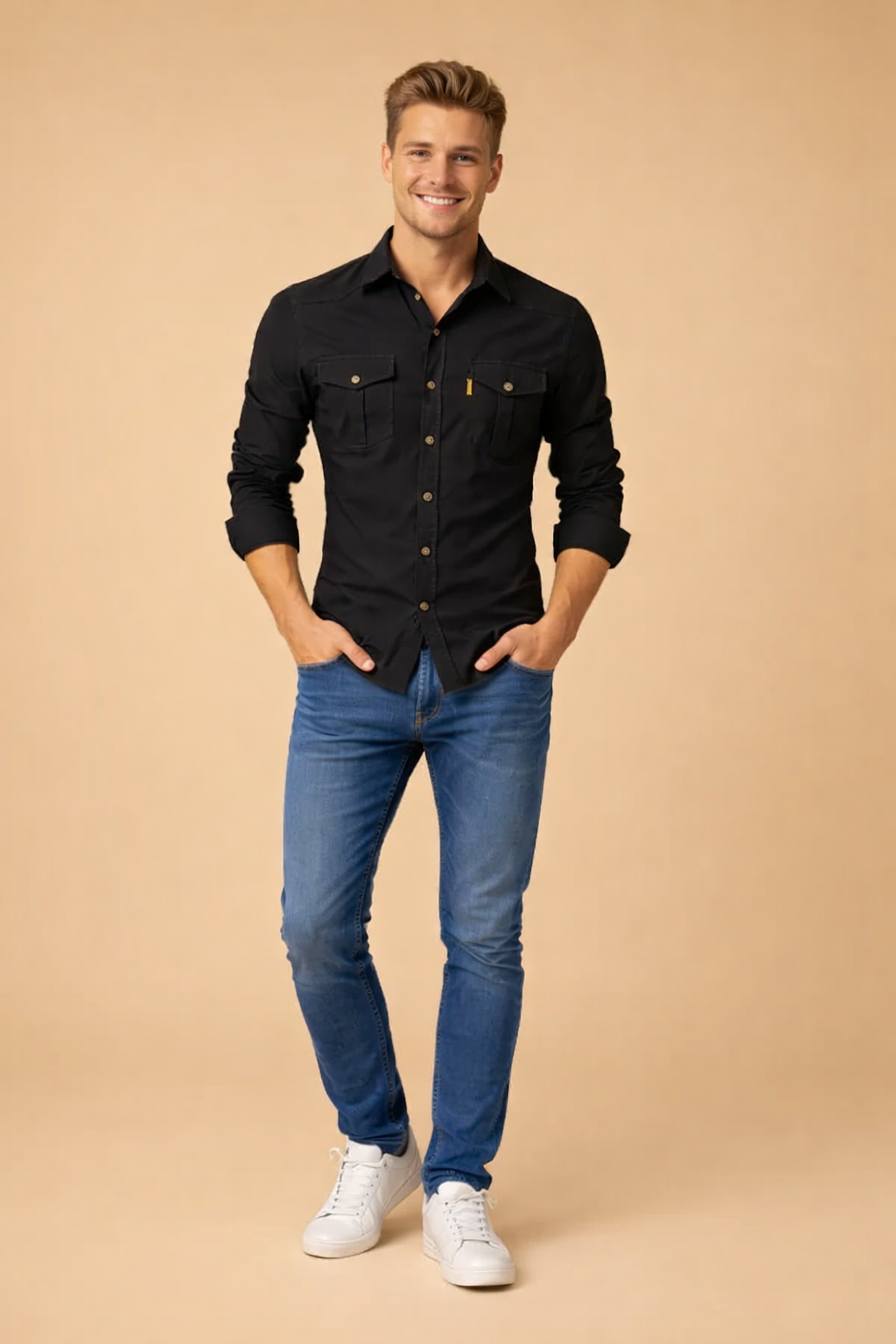 Long-sleeve dark navy button-up shirt with dual chest flap pockets and contrast buttons, paired with slim-fit mid-wash blue denim jeans and light tan lace-up suede shoes.