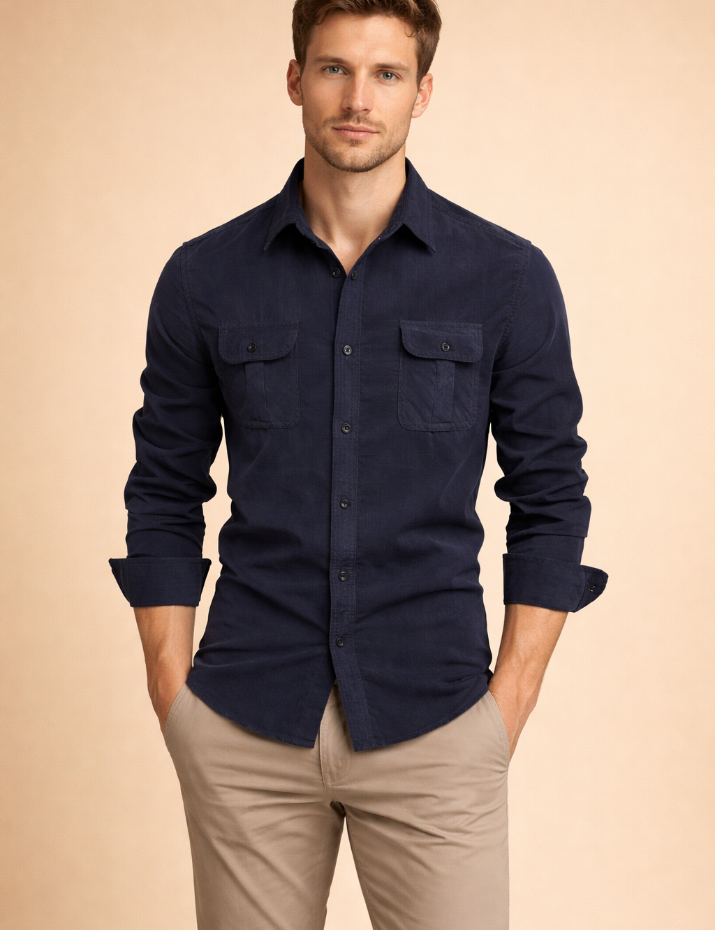 Navy long-sleeve button-up shirt with dual flap chest pockets and a clean structured fit, paired with beige straight-leg chinos for a refined casual look.