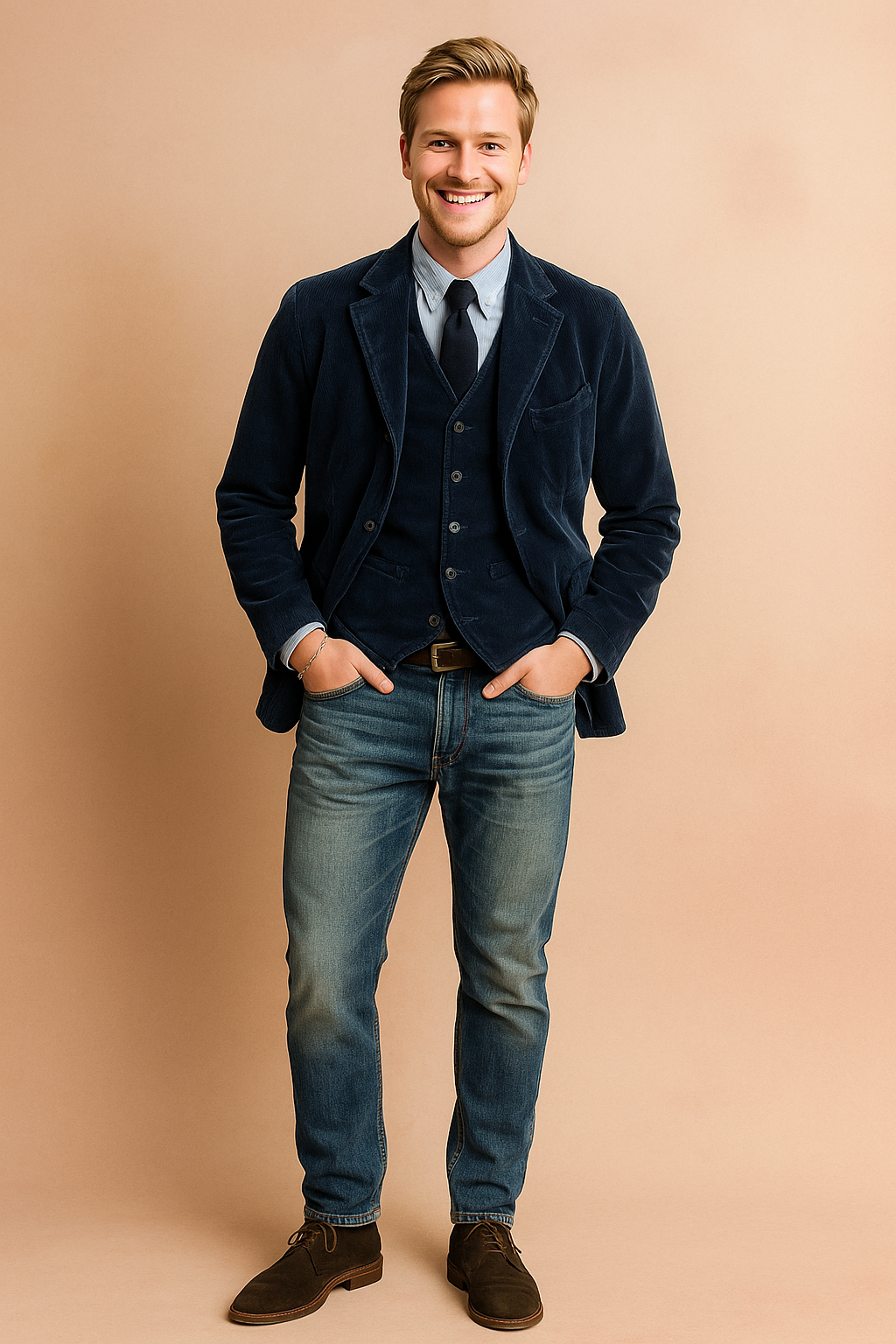 Men’s navy corduroy blazer with matching vest, light blue striped dress shirt, black tie, distressed denim jeans, and brown suede shoes.