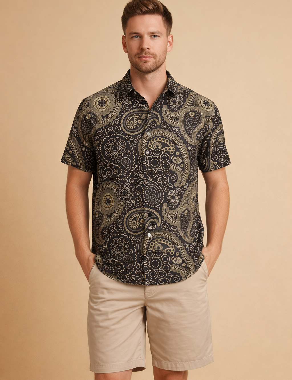 Navy blue short-sleeve button-up shirt with intricate paisley floral pattern in beige, gold, and burnt orange tones, paired with tailored beige knee-length chino shorts.