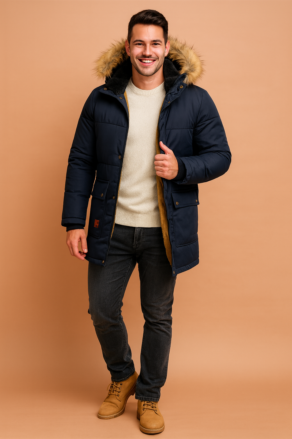 Navy blue winter parka for men with fur-trimmed hood and golden-brown fleece lining, designed for warmth, comfort, and modern style.