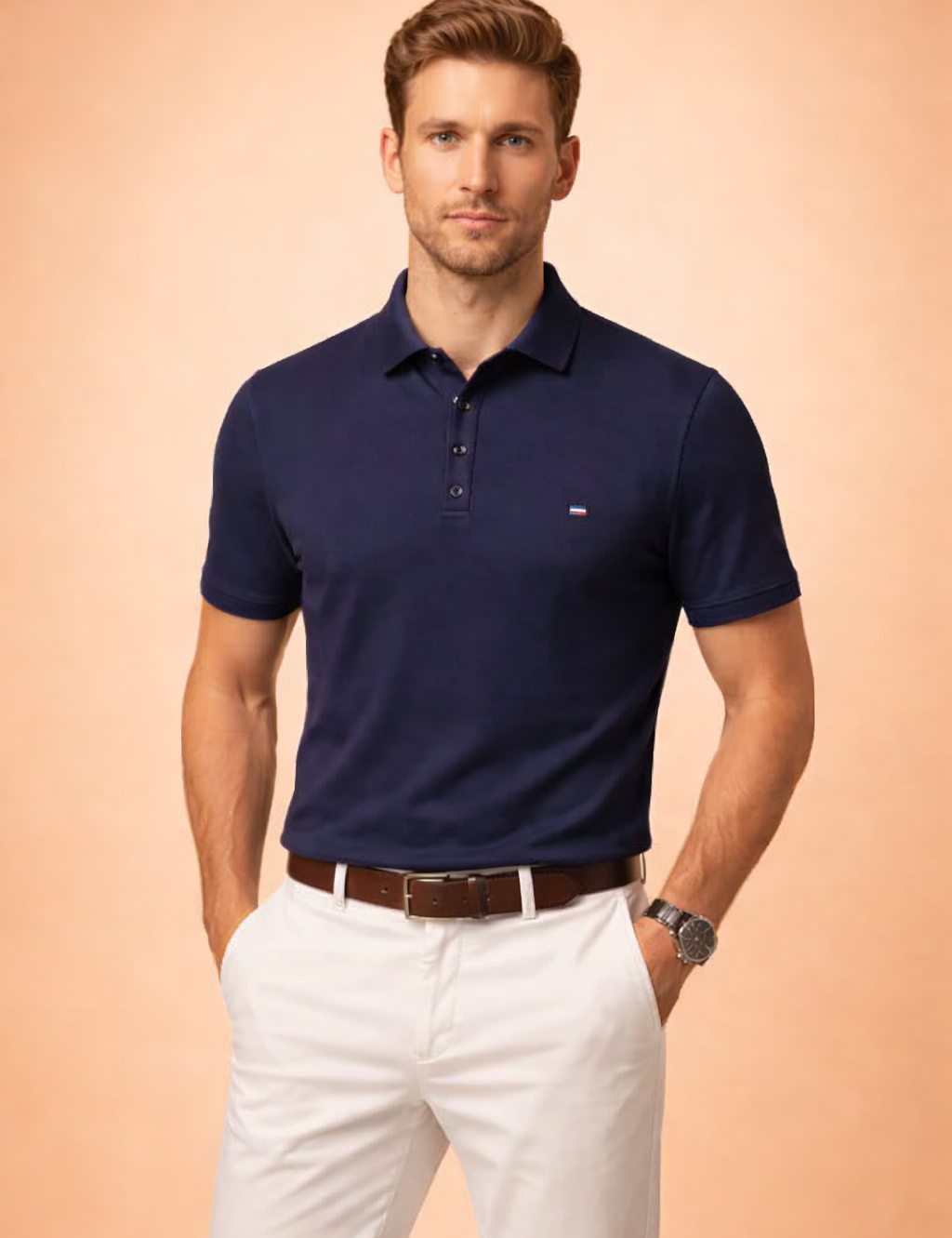 Classic navy short-sleeve polo shirt paired with tailored white trousers and a brown leather belt in a clean, modern smart-casual style.