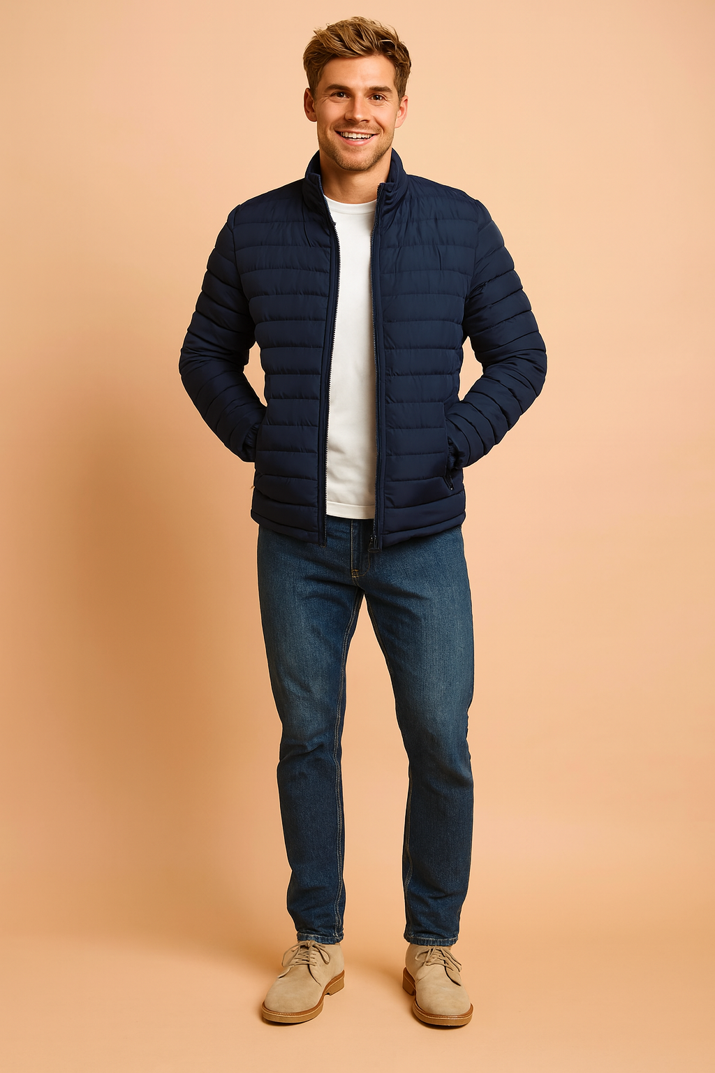 Navy quilted puffer jacket with zip closure, horizontal stitching, paired with a white shirt, blue jeans, and beige suede shoes.