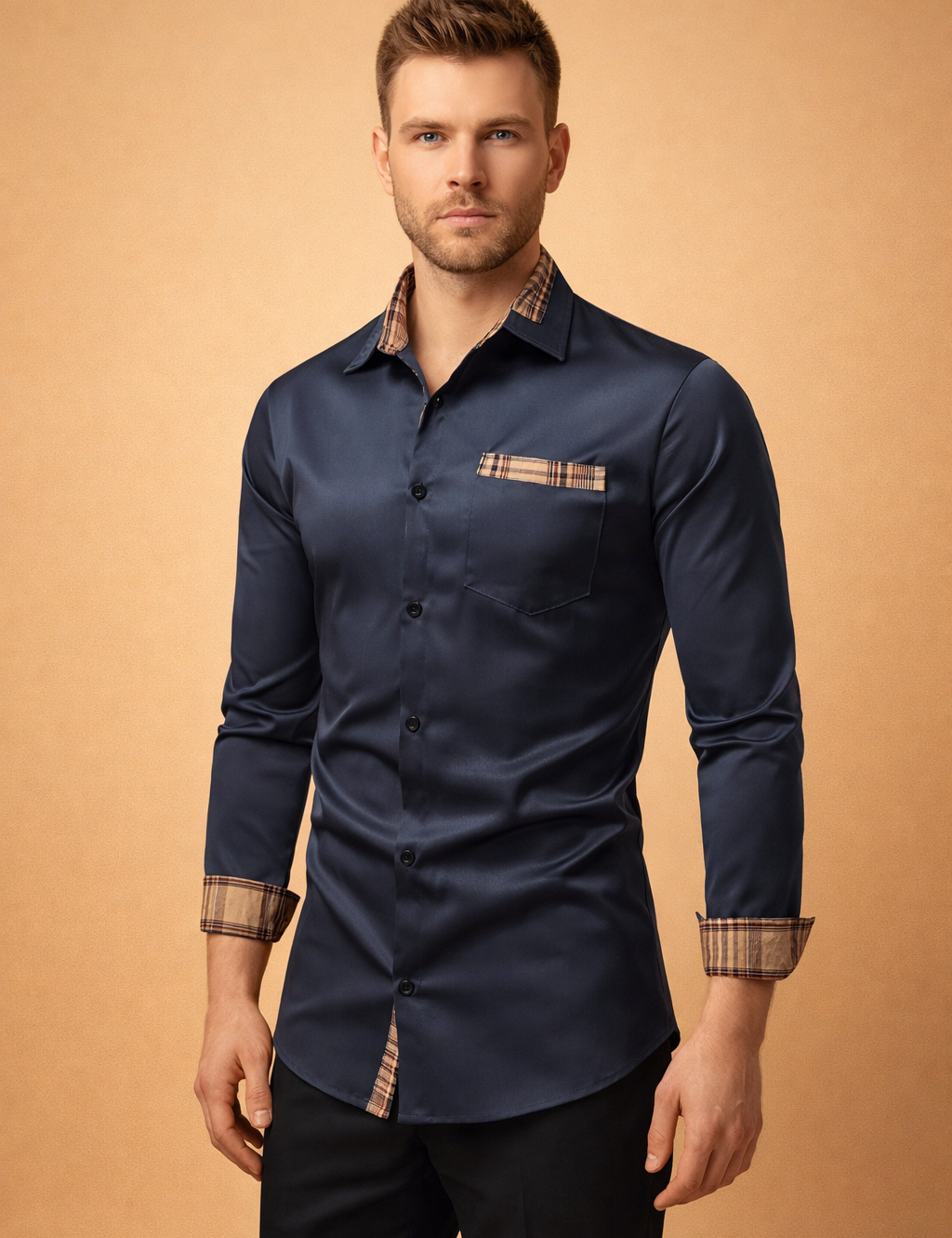 Tailored navy long-sleeve button-down shirt with contrast plaid inner collar, matching plaid cuff accents, single chest pocket, slim fit cut, and clean front button closure.