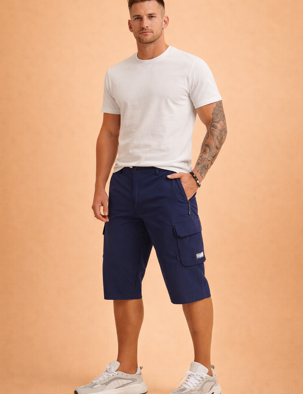 Men’s navy blue knee-length cargo shorts crafted from smooth technical polyester fabric, featuring a clean plain-weave texture, structured straight cut, front button closure with belt loops, zippered side pocket, and a flap-secured cargo pocket on the thigh, finished with a subtle stitched logo patch.