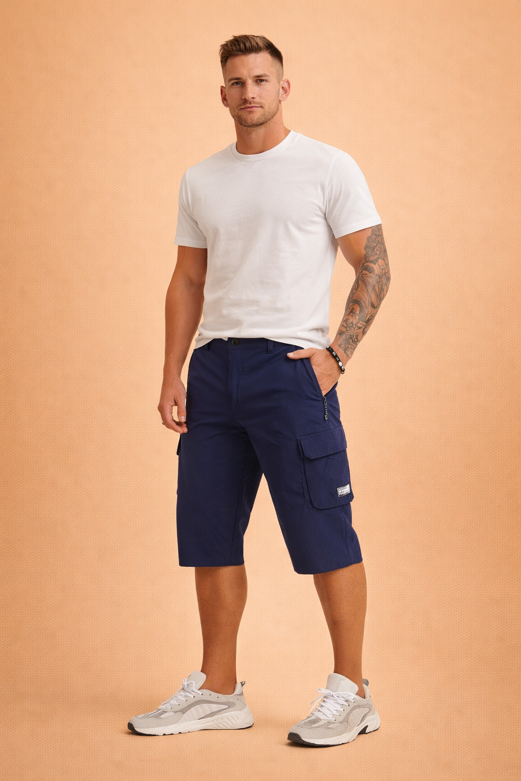 Men’s navy blue knee-length cargo shorts crafted from smooth technical polyester fabric, featuring a clean plain-weave texture, structured straight cut, front button closure with belt loops, zippered side pocket, and a flap-secured cargo pocket on the thigh, finished with a subtle stitched logo patch.