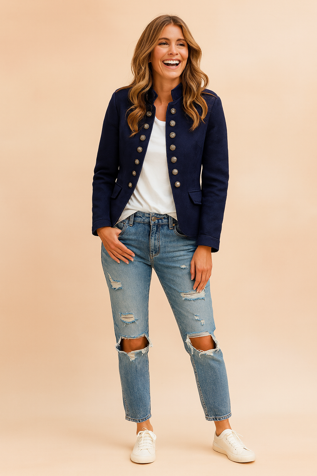 Women’s short military-style jacket with double-breasted metallic button detailing, structured shoulders, flap pockets, and slim tailored fit for chic everyday wear.