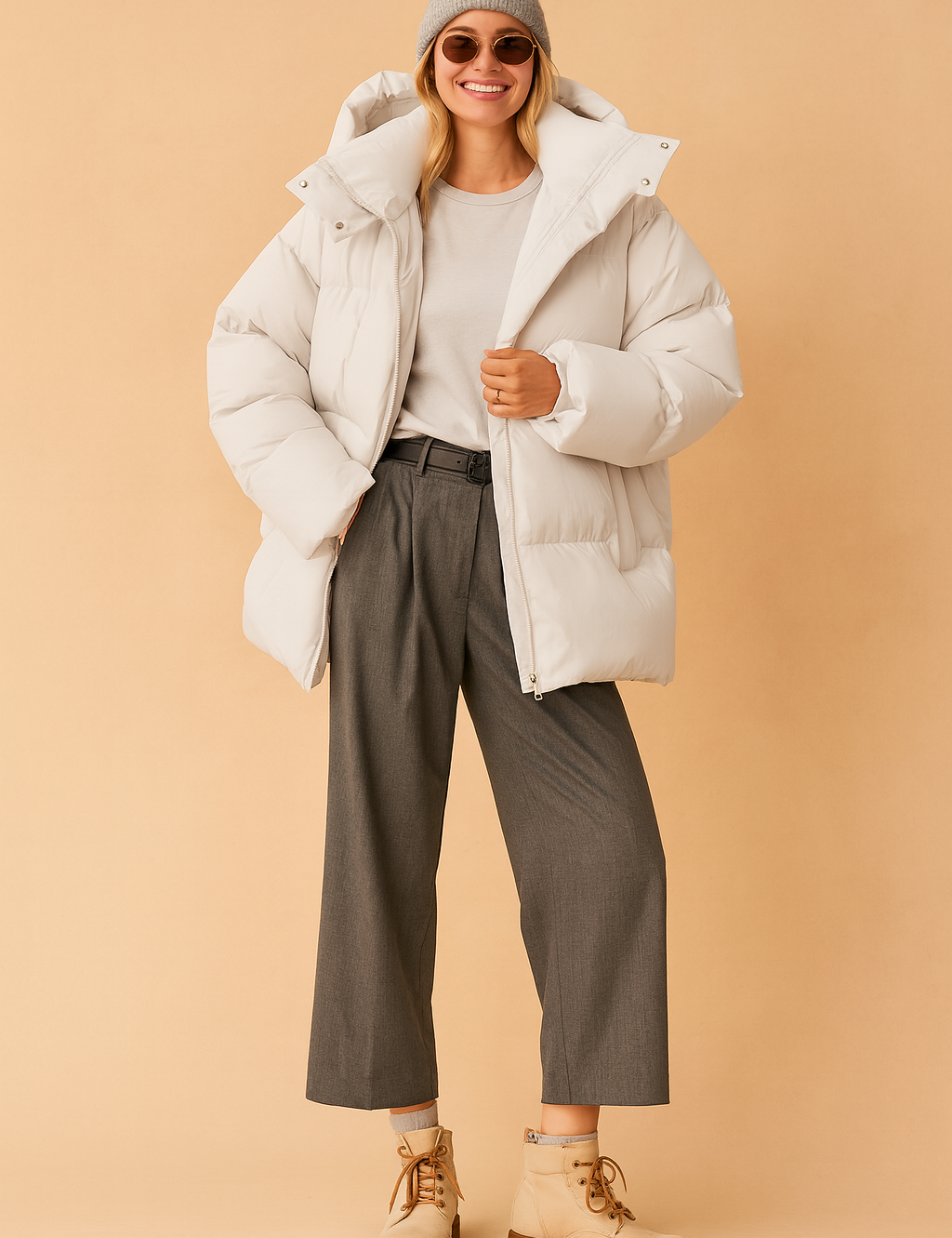 Oversized off-white hooded puffer jacket with glossy quilted fabric, full-length front zipper, high padded collar, and relaxed fit for winter warmth.