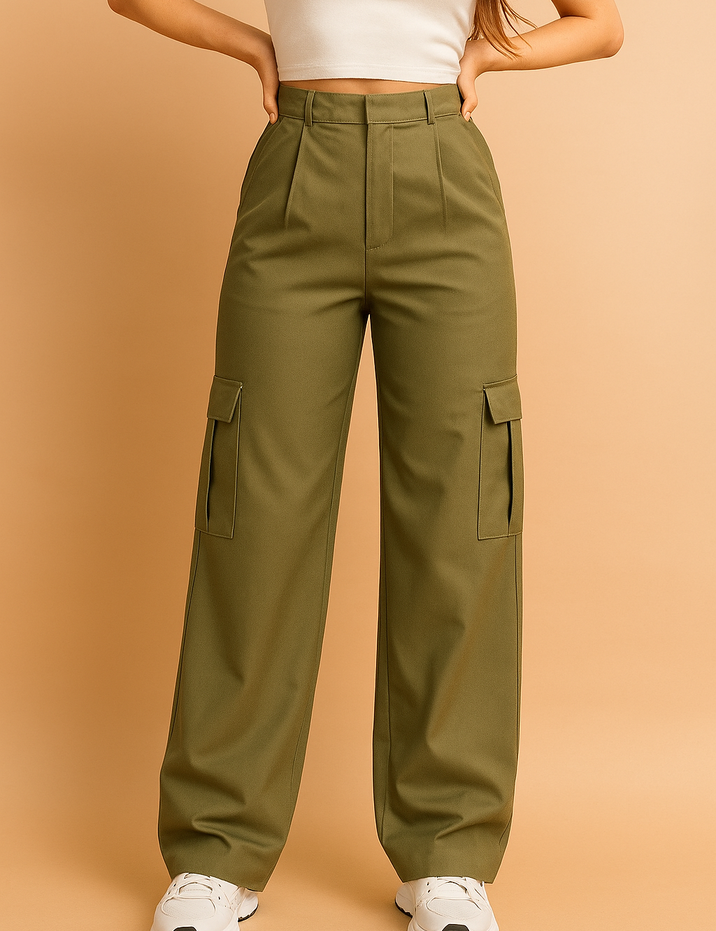 High-waisted olive cargo trousers with pleated front and dual side flap pockets, styled with white sneakers.