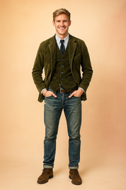 Olive green corduroy blazer with matching vest, paired with a light blue striped dress shirt, black tie, distressed blue jeans, and brown suede boots.