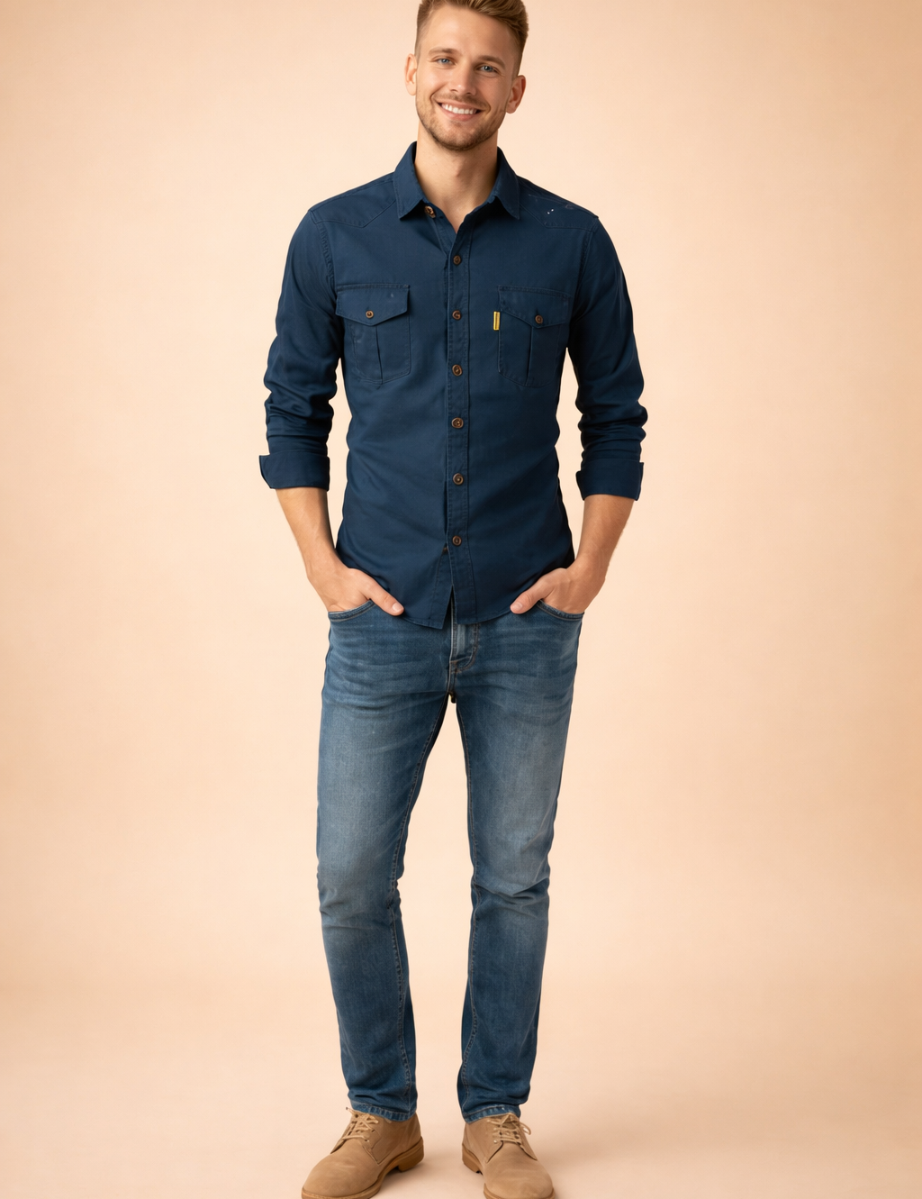 Olive green long-sleeve button-up shirt with chest flap pockets, paired with dark blue slim-fit denim jeans and brown lace-up leather boots for a clean casual menswear look.