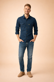 Olive green long-sleeve button-up shirt with chest flap pockets, paired with dark blue slim-fit denim jeans and brown lace-up leather boots for a clean casual menswear look.
