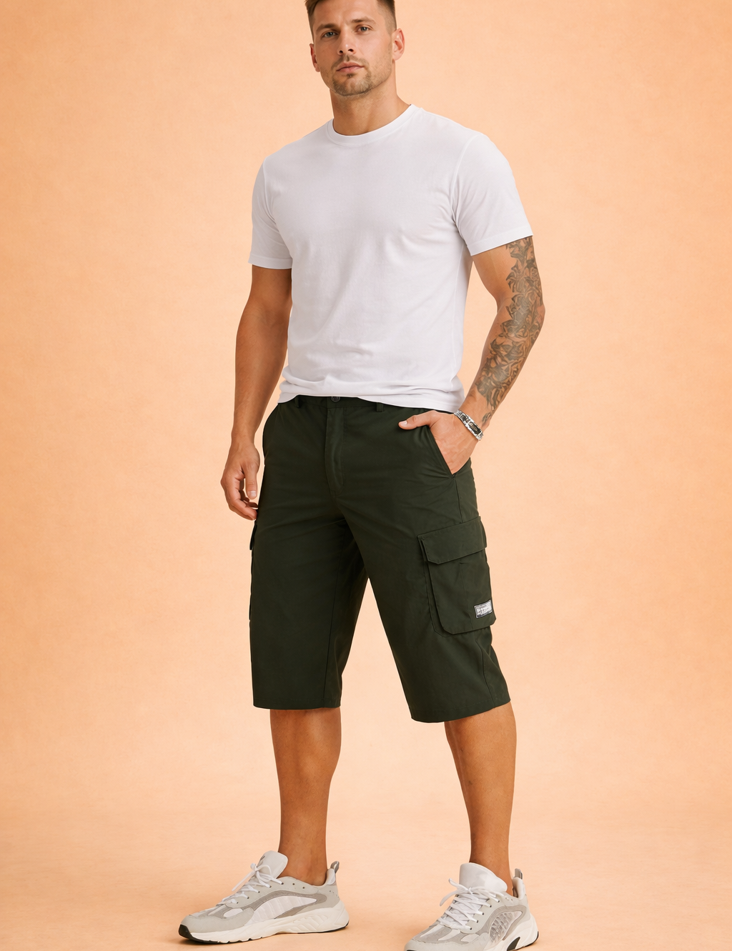Men’s olive green knee-length cargo shorts crafted from smooth matte woven fabric with a solid, uniform color tone, featuring a tailored straight cut, belt-loop waistband with button closure, zippered side pocket, structured flap cargo pocket with stitched label detail, clean seam construction, and paired with white low-profile athletic sneakers for a modern outdoor-ready look.