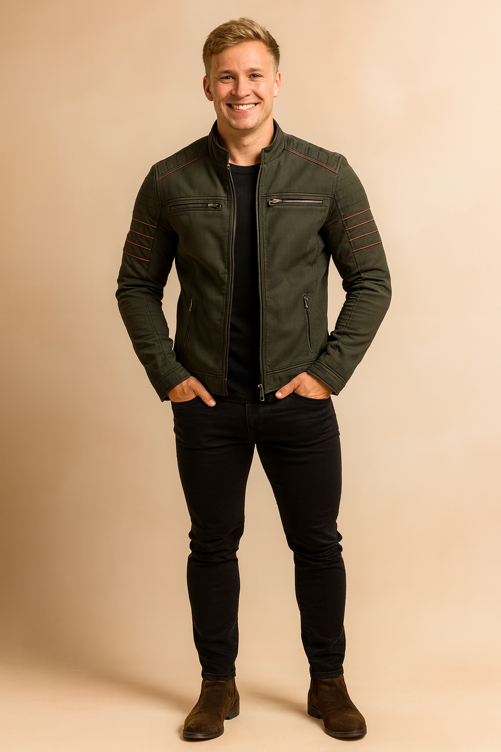 Olive-green moto-style biker jacket with red stitched detailing on shoulders and sleeves, front zipper closure, four zippered pockets, styled with a black t-shirt, slim-fit black jeans, and brown suede Chelsea boots.