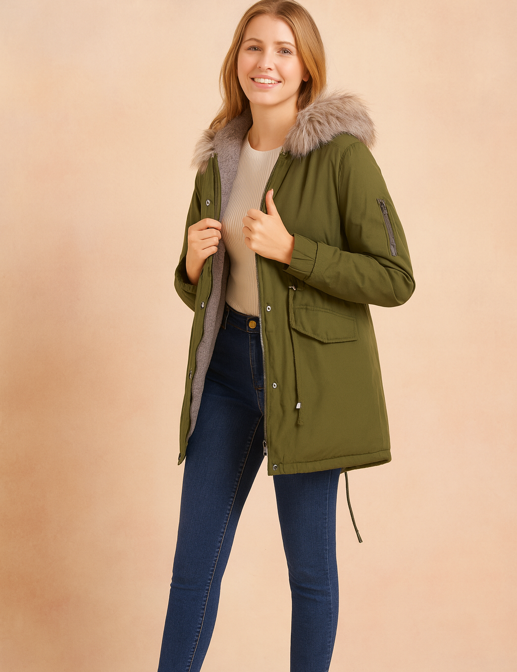 Olive green winter parka jacket with faux fur hood, front zipper and snap button closure, large flap pockets, adjustable waist drawstring, paired with slim blue jeans and black ankle boots.