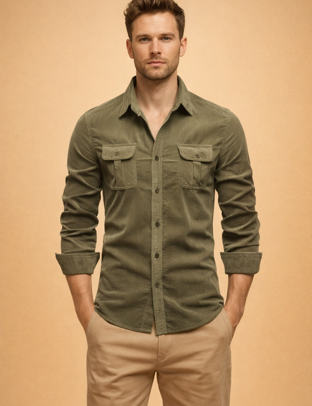 Olive green long-sleeve button-up shirt with structured collar, dual chest flap pockets, tonal buttons, and rolled cuffs, paired with slim-fit beige chinos