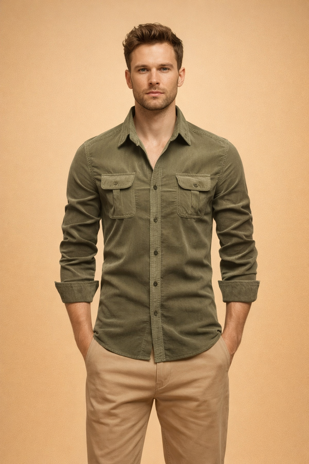 Olive green long-sleeve button-up shirt with structured collar, dual chest flap pockets, tonal buttons, and rolled cuffs, paired with slim-fit beige chinos