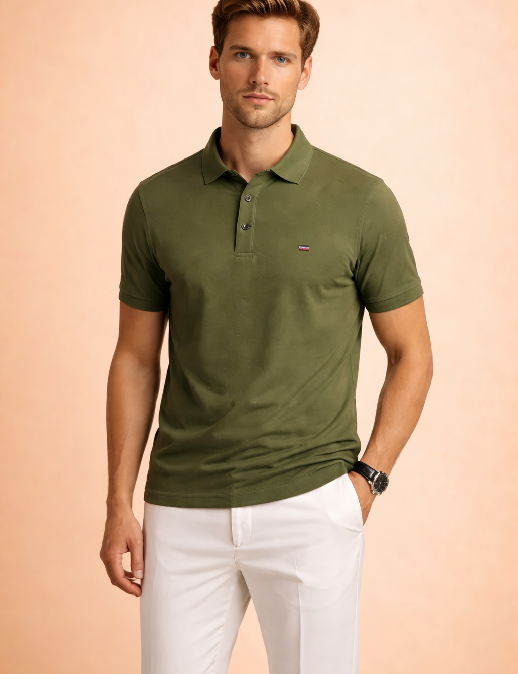 Olive green short-sleeve polo shirt with classic collar and button placket, paired with clean white tailored trousers in a slim, modern fit.