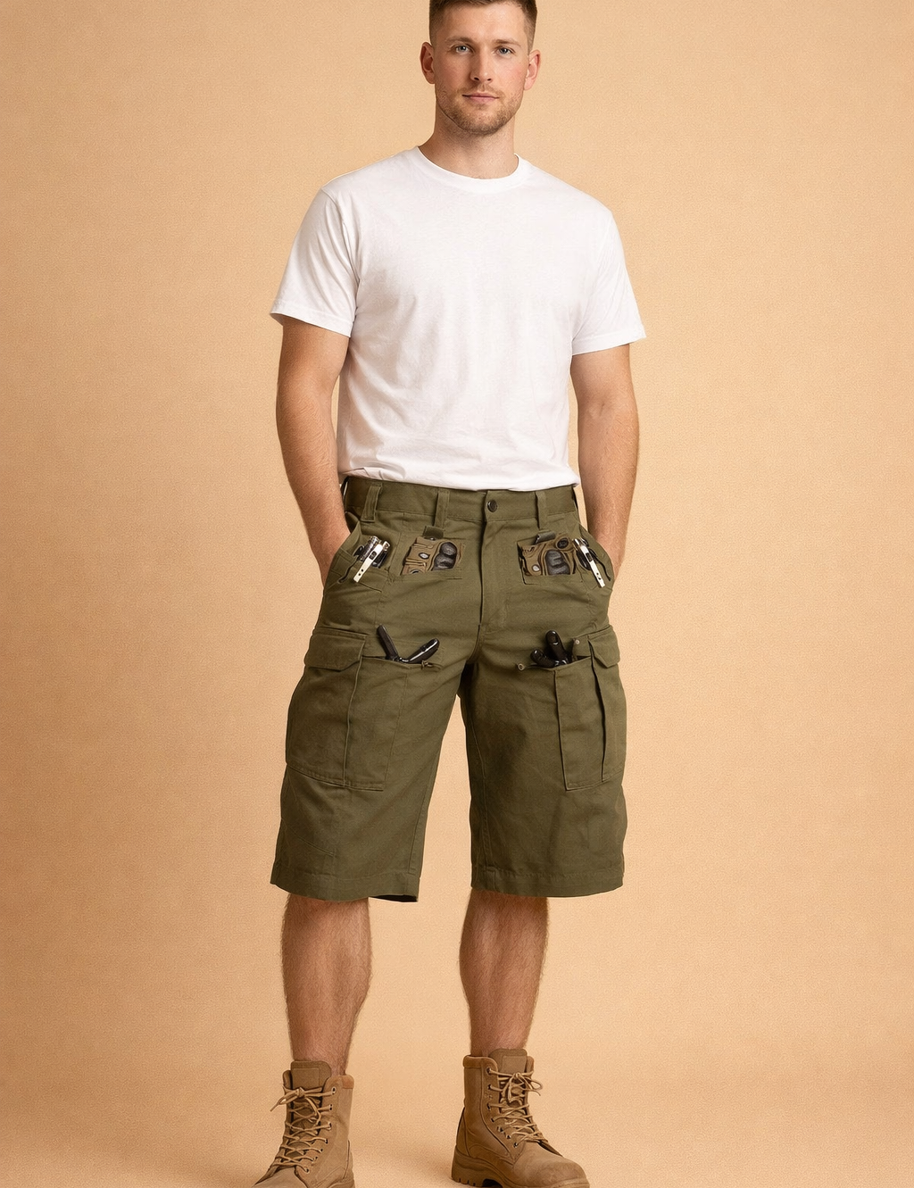 Olive green tactical cargo shorts made from durable ripstop fabric with reinforced stitching, multi-utility flap and zip pockets, metal zipper details, side D-ring attachment, straight knee-length cut, paired with a solid dark blue short-sleeve crew-neck cotton T-shirt and black open-toe outdoor sandals.