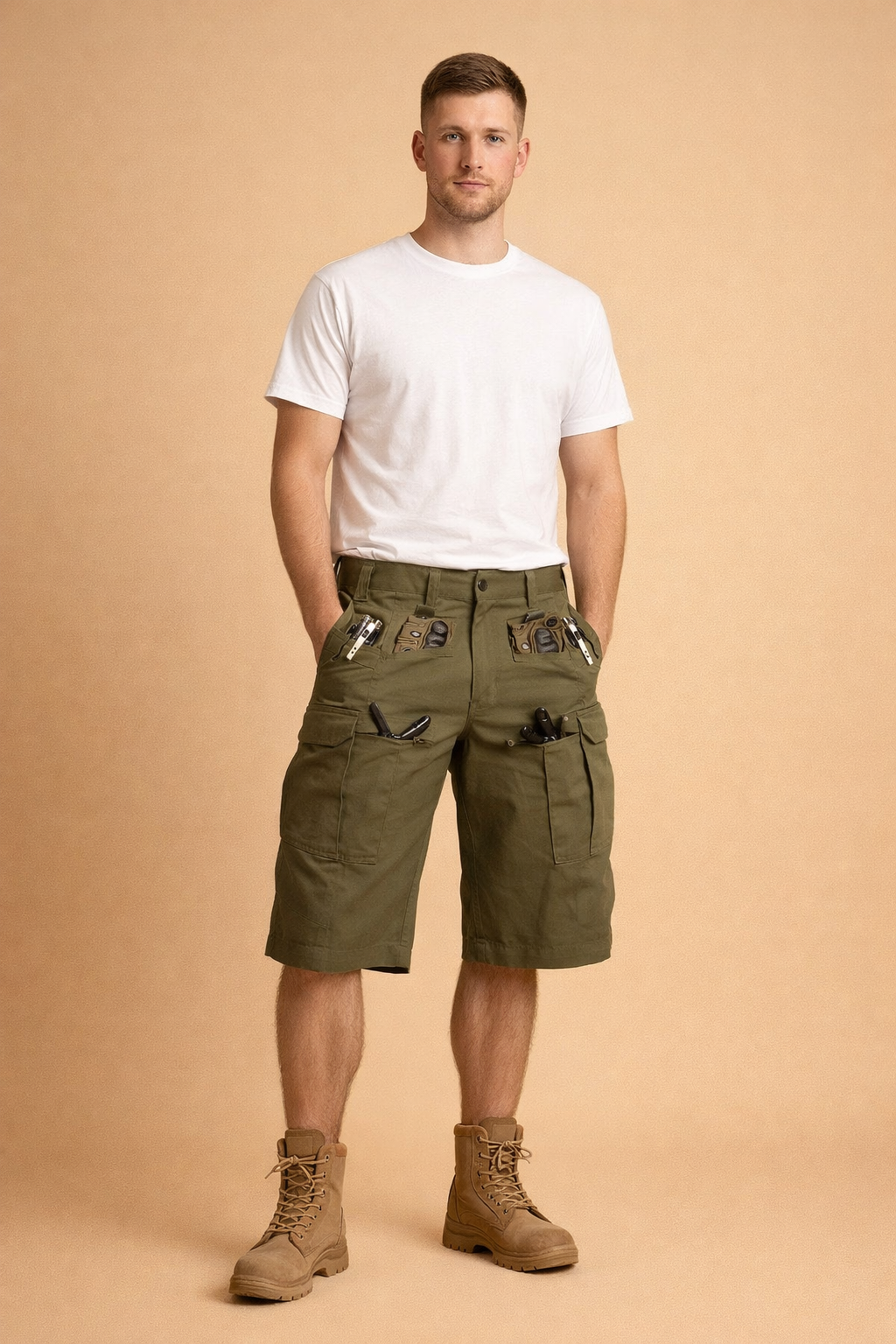 Olive green tactical cargo shorts made from durable ripstop fabric with reinforced stitching, multi-utility flap and zip pockets, metal zipper details, side D-ring attachment, straight knee-length cut, paired with a solid dark blue short-sleeve crew-neck cotton T-shirt and black open-toe outdoor sandals.