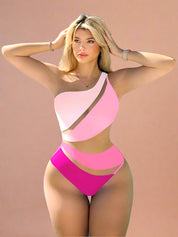 One-shoulder black monokini featuring dramatic asymmetric mesh cut-outs and a circular side ring detail, creating a bold sculpted silhouette with sheer panel contrast.
