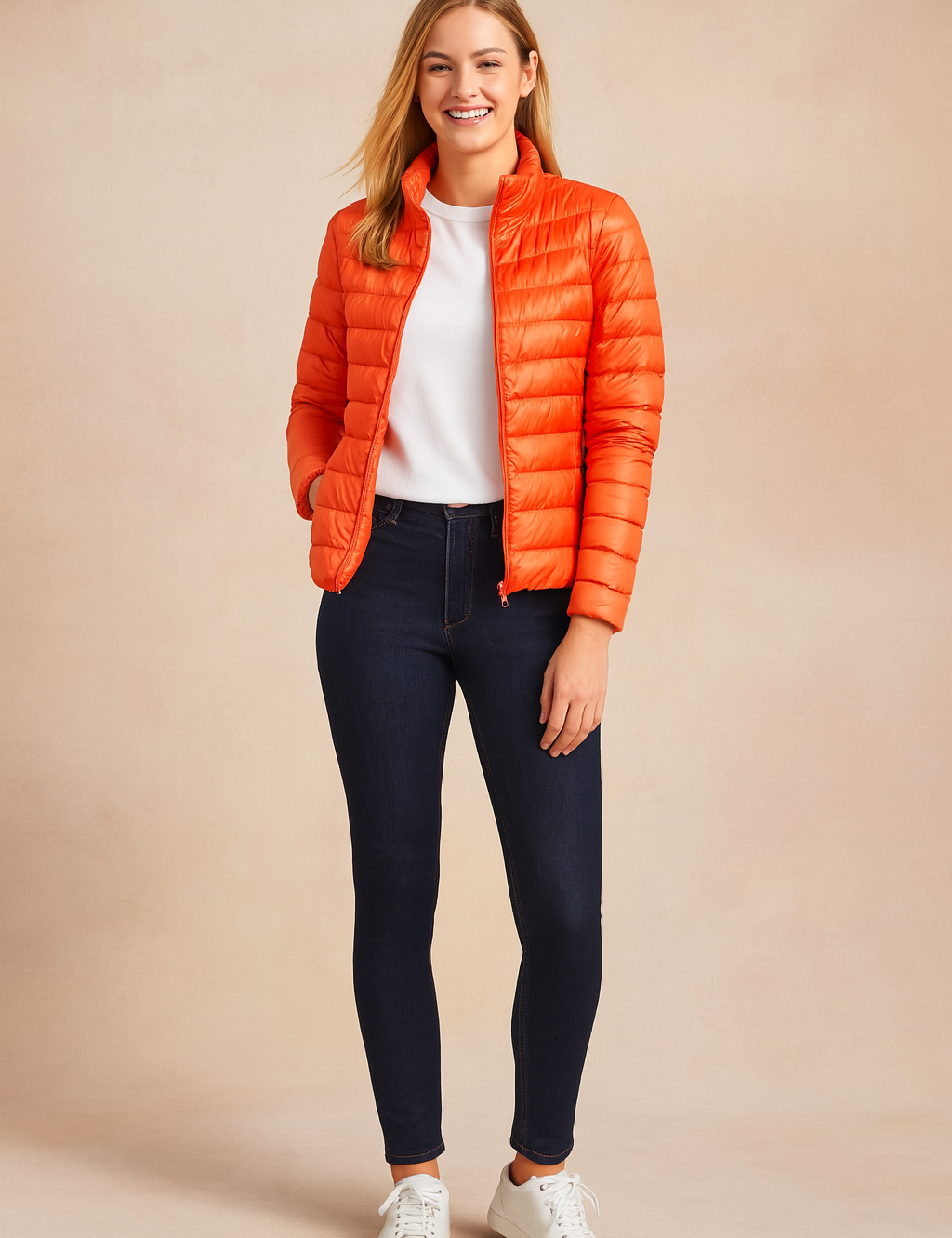 Women's lightweight orange puffer jacket with horizontal quilted design, zip closure, and slim fit cut, styled for casual outdoor wear.