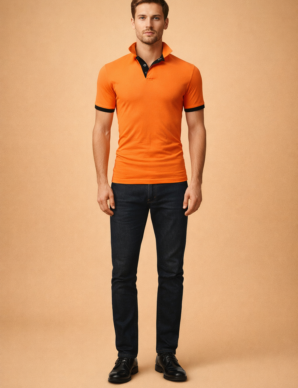 Modern slim fit orange polo shirt with contrast black collar and sleeve cuffs, smooth structured fabric, short sleeves, clean button placket, and tailored silhouette styled with minimal neutral leather shoes for a refined casual look