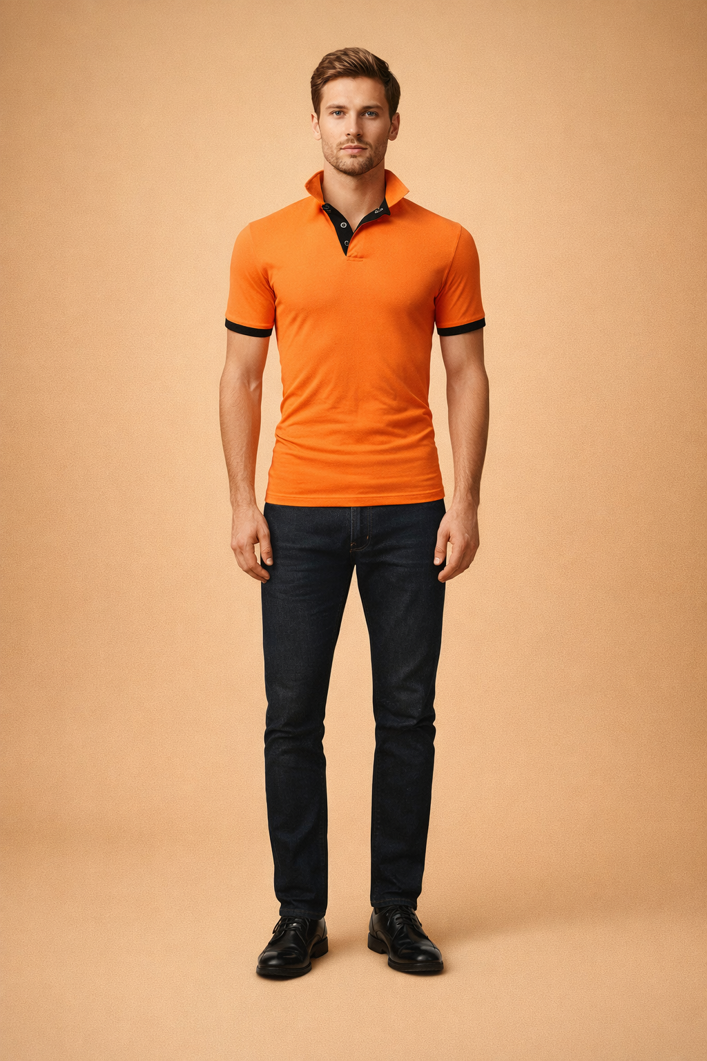 Modern slim fit orange polo shirt with contrast black collar and sleeve cuffs, smooth structured fabric, short sleeves, clean button placket, and tailored silhouette styled with minimal neutral leather shoes for a refined casual look
