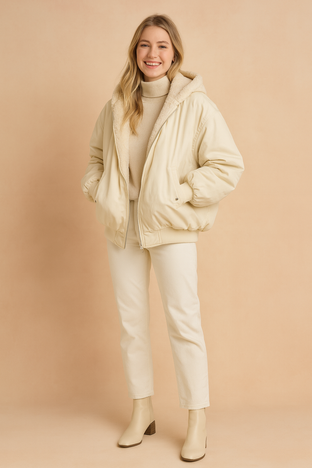 Oversized cream-beige bomber jacket with faux-fur lining, styled with a matching turtleneck sweater, straight-leg pants, and ankle boots.