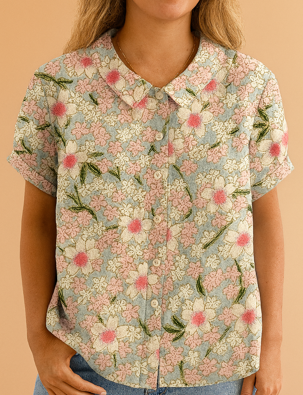 Short-sleeved blouse with a rounded collar and button front, featuring a pastel floral pattern with pink and white blossoms, green leaves, and a light blue background on soft-textured fabric.