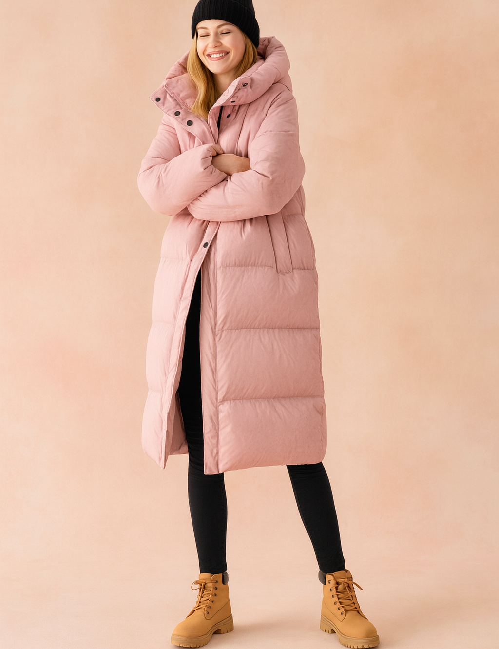 Long pastel pink puffer winter jacket with hood, full-length quilted design, snap-button closure, and side pockets.