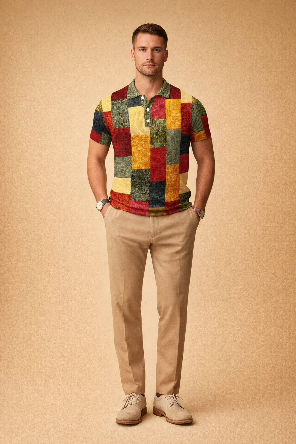 Patchwork short-sleeve polo shirt featuring a textured knit fabric with multicolor square pattern in deep red, olive green, mustard yellow, black, and beige, paired with tailored light beige trousers and minimalist neutral leather shoes for a refined smart-casual look.