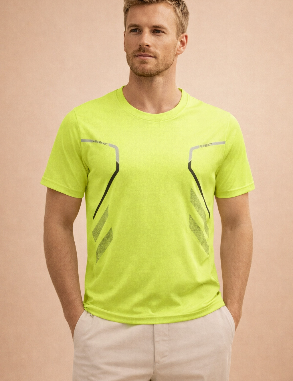 Short-sleeve performance T-shirt with a slim athletic fit, featuring contrast panel detailing, reflective graphic accents, and a clean crew neckline designed for a streamlined silhouette.