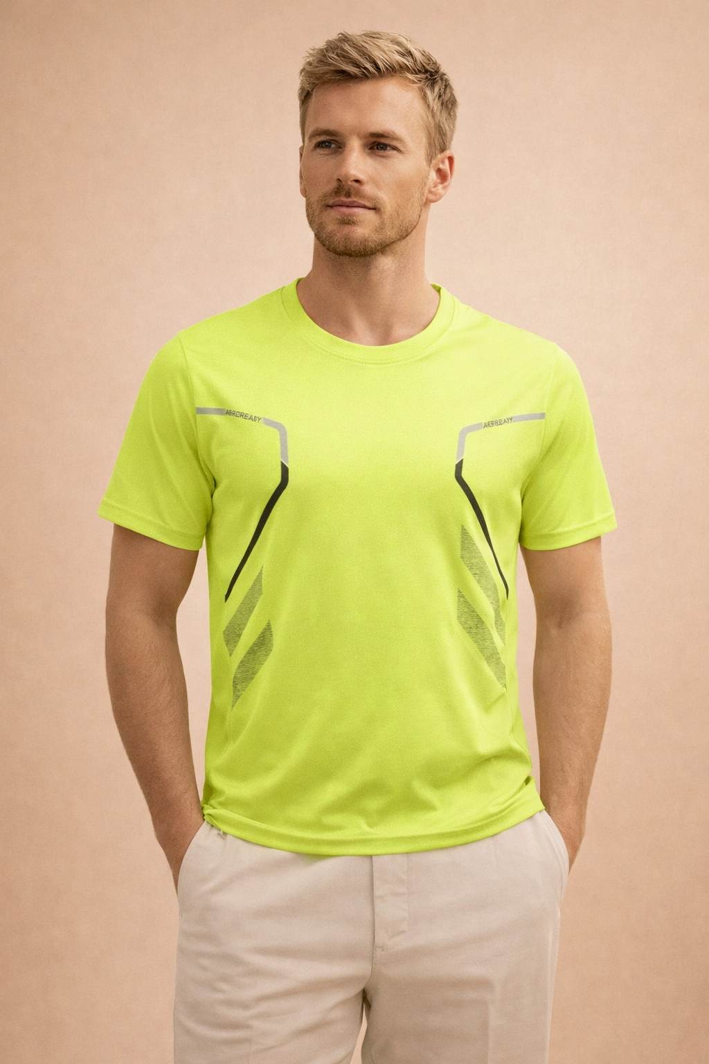 Short-sleeve performance T-shirt with a slim athletic fit, featuring contrast panel detailing, reflective graphic accents, and a clean crew neckline designed for a streamlined silhouette.
