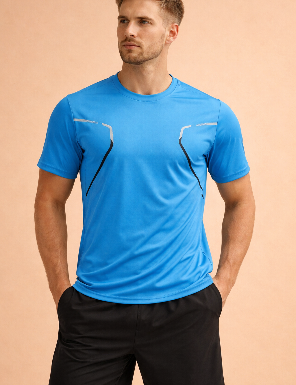 Short-sleeve performance athletic T-shirt with a smooth crew neckline, contoured seam detailing, and contrast panel accents, paired with lightweight athletic shorts featuring a clean waistband and straight-leg cut.