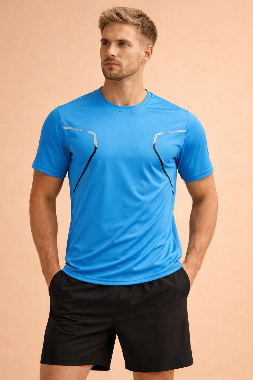 Short-sleeve performance athletic T-shirt with a smooth crew neckline, contoured seam detailing, and contrast panel accents, paired with lightweight athletic shorts featuring a clean waistband and straight-leg cut.