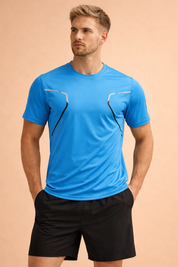 Short-sleeve performance athletic T-shirt with a smooth crew neckline, contoured seam detailing, and contrast panel accents, paired with lightweight athletic shorts featuring a clean waistband and straight-leg cut.