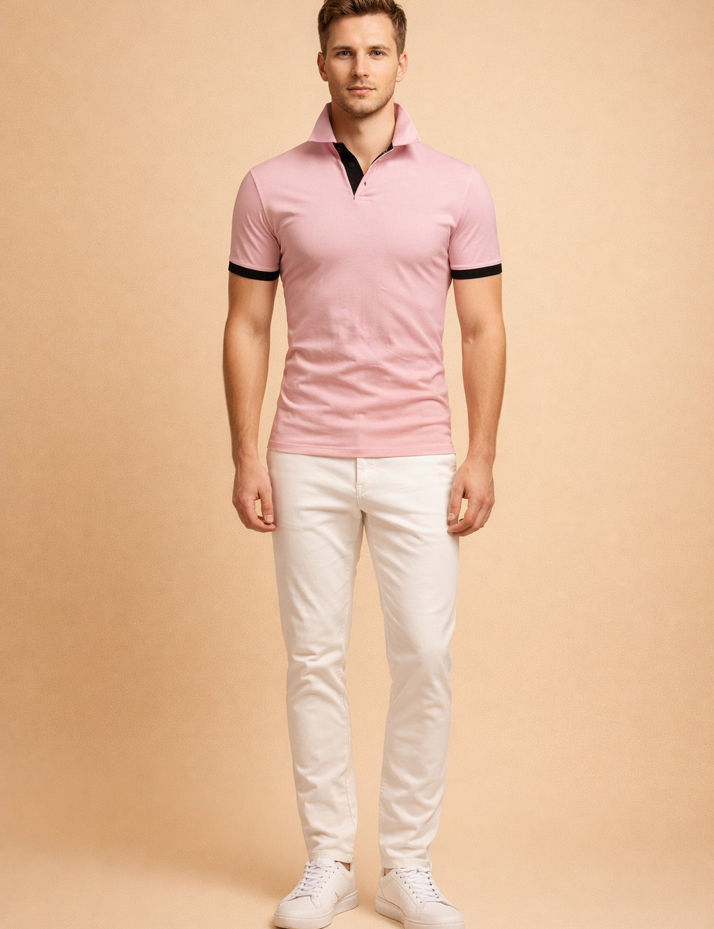 Slim fit pink polo shirt with black contrast collar and sleeve cuffs, short sleeves, smooth cotton blend fabric, tailored silhouette, and clean button placket for a modern smart casual look