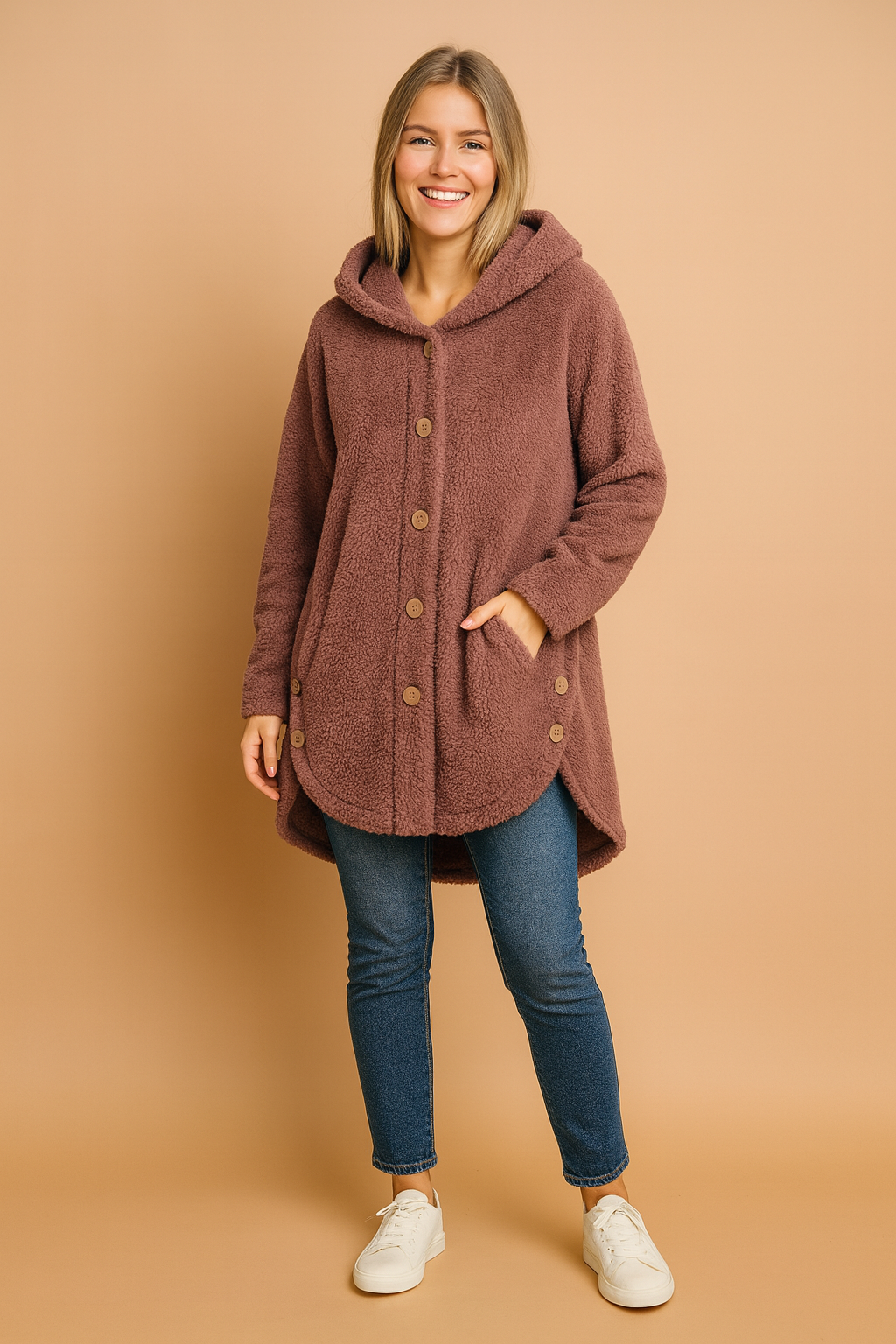 pink fleece hooded jacket with button-down front, long sleeves, and side button accents, designed for casual winter wear