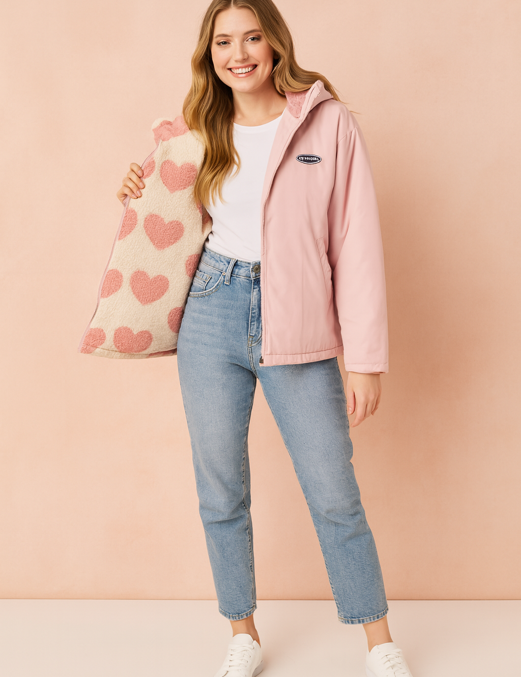 Women's pastel pink winter jacket with zip closure and soft fleece lining featuring oversized pink heart patterns, designed for warmth and style.