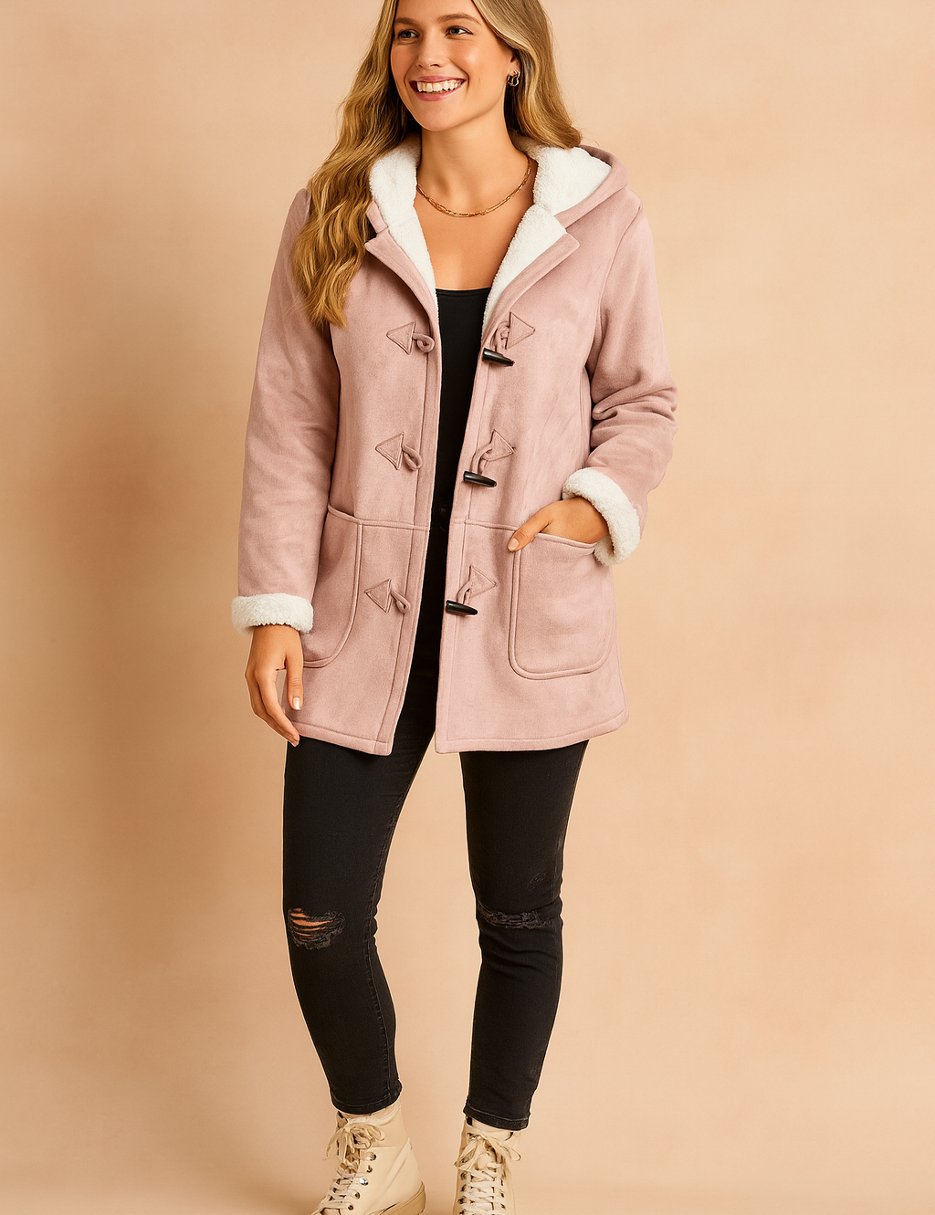 Pink hooded toggle-button winter jacket with white fleece lining and front pockets, designed for warmth and casual style.