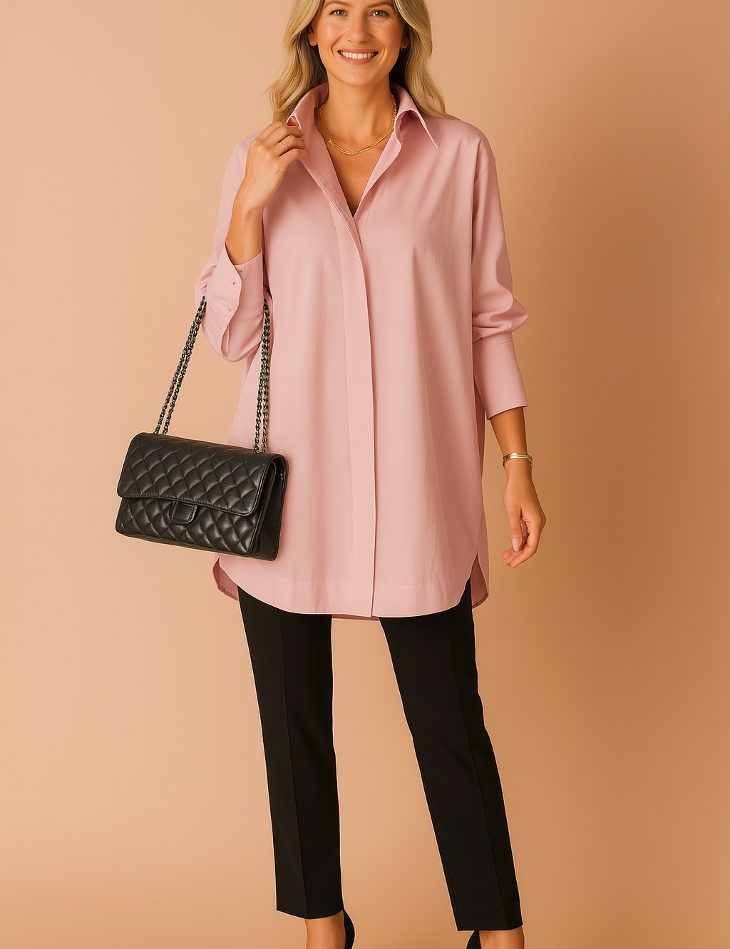 Elegant light pink oversized button-down tunic paired with slim black trousers and a quilted leather shoulder bag, styled with black heels and minimal gold jewelry for a polished look.