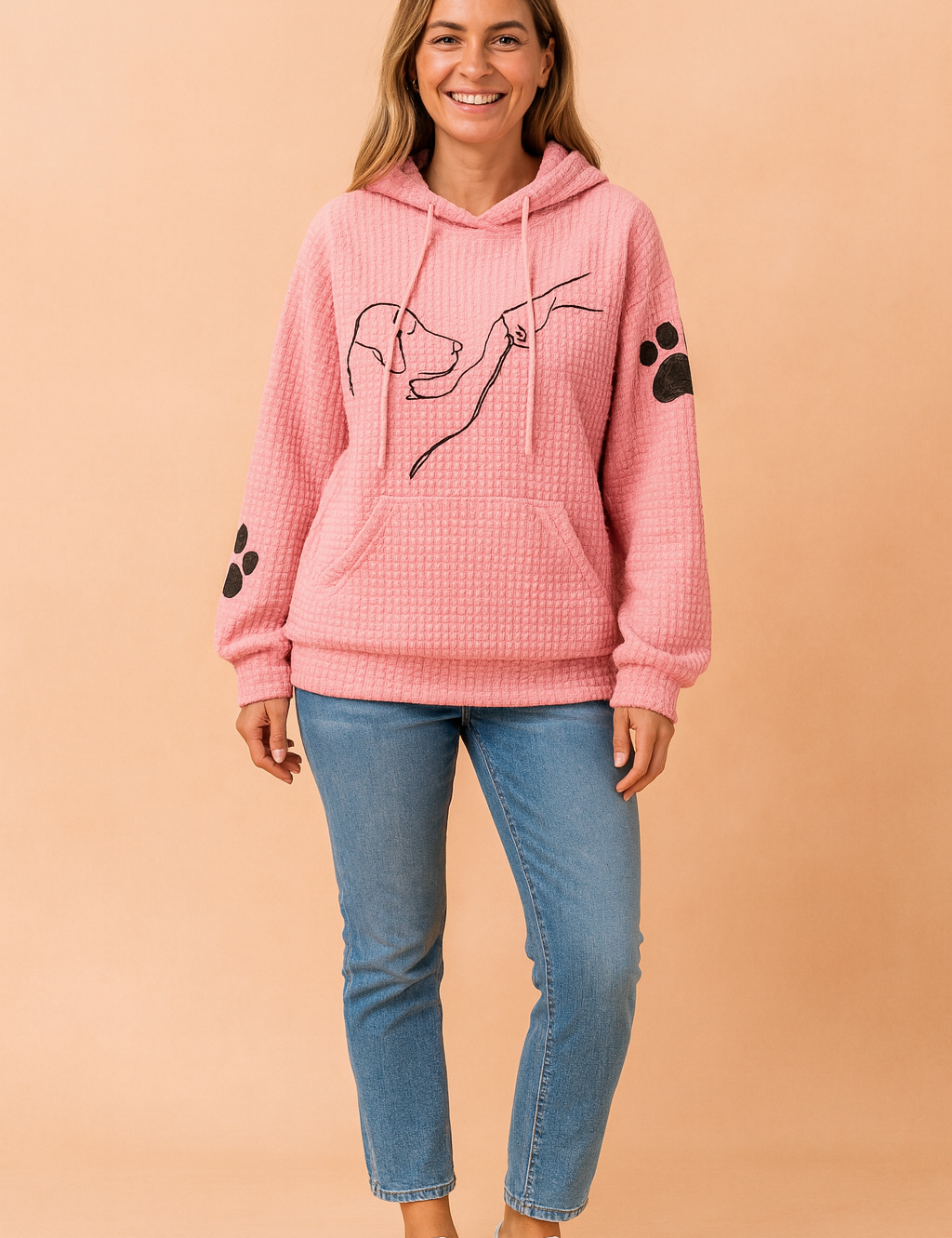 Textured pink waffle knit hoodie with minimalist black dog and human hand line art on the chest, black paw prints on each sleeve, kangaroo front pocket, and hood with drawstrings, styled with slim blue jeans and white sneakers.