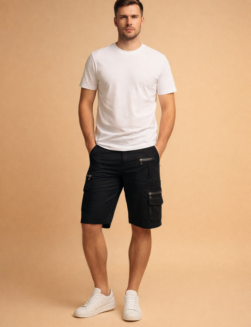 Black knee-length cargo shorts with a structured tailored fit, featuring symmetrical side-by-side utility pockets with metal zip closures, clean reinforced seams, and a smooth matte fabric finish, styled with a minimal fitted short-sleeve top and classic low-profile shoes for a refined modern menswear look