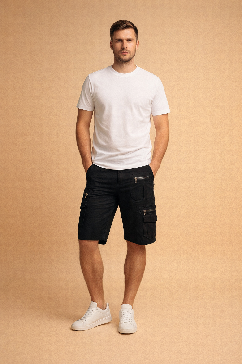 Black knee-length cargo shorts with a structured tailored fit, featuring symmetrical side-by-side utility pockets with metal zip closures, clean reinforced seams, and a smooth matte fabric finish, styled with a minimal fitted short-sleeve top and classic low-profile shoes for a refined modern menswear look