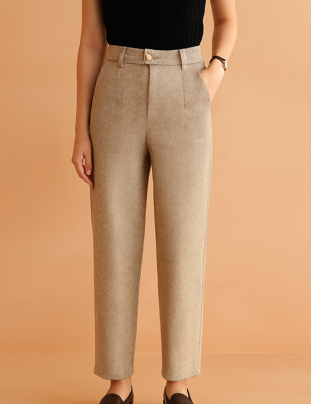 Khaki herringbone high-waisted tailored trousers with pleats, belt loops, and a single wood-grain button, styled with dark brown loafers.