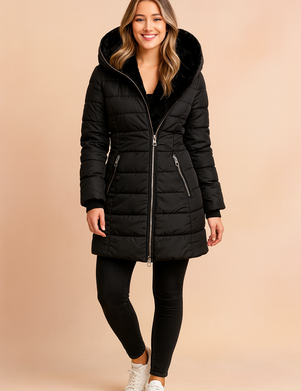 Black puffer jacket with oversized hood, asymmetrical zipper design, and front zip pockets, styled for winter wear.