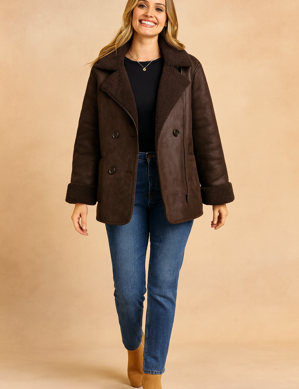 Dark brown shearling coat with button front, black top, blue jeans, and tan ankle boots